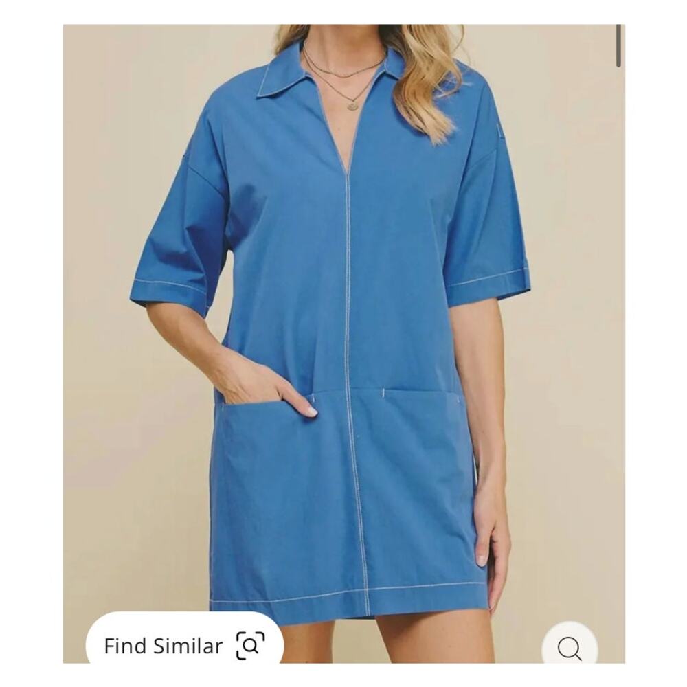 Boutique Pinch Sienna Contrast Stitched Collared Mini‎ Dress Blue Womens Small